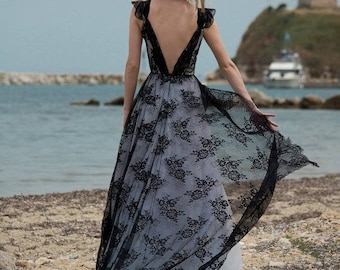 Felicita White Black Lace Wedding Beach Gypsy Bridal Dress, Long Goth Bridal Gown Wedding Dress Boho Black Gown, Black Bridal Boho Lace Gown