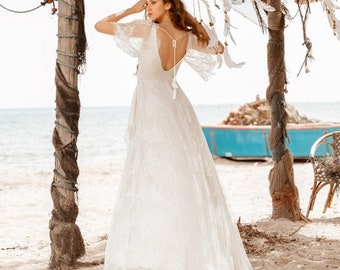 JOLANDA Boho Wrap Skirt French Lace Wedding Dress, Bohemian Open Back Ari Wedding Deress, Ivory Boat Neck Beach Boho Wedding Dresses Sexy