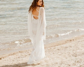 MICHELANGELA Bat Sleeve Lace Net Wedding Dress, Bohemian Wedding Deress Beach Boho Wedding Dresses Long Train, Alternative Wedding Lace Gown