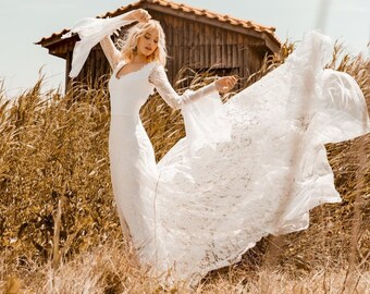 FIORELLA Bell Sleeve Wedding Dress Bohemian Open Back Wedding Dress, Beach Boho Wedding Dresses Long Train, Alternative Wedding Gown Bridal