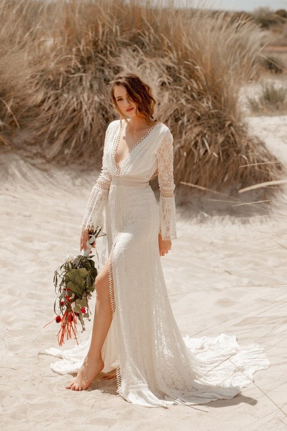 Melania V Open Back Long Sleeve Wedding Dress Bohemian Etsy