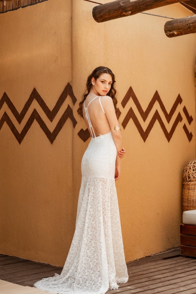 MILANA Low Neclain Unique Lace Wedding Dress, Bohemian Wedding Deress Beach Boho Wedding Dresses Long Cream, Alternative Wedding Lace Gown image 5