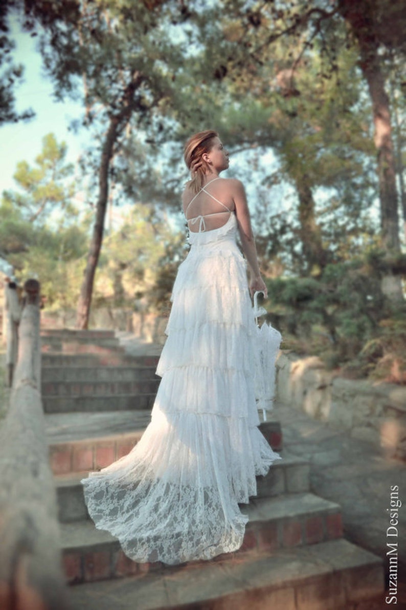 Boho Cream Lace Long Train Wedding Dress, Lace Soft Bohemian Bridal Dress, Open Back Bohemian Gown, Gypsy Wedding Handmade Clothing Dress image 2