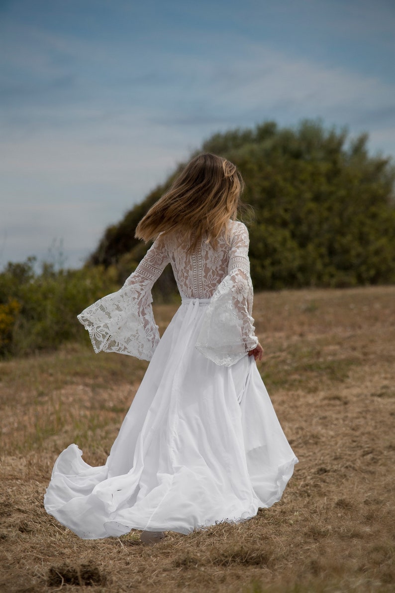 Mirella Boho Wedding Dress Ivory Lace Vintage Wedding Bohemian Gown, Gypsy Boho V Neclayn Wedding Dresses Long Chiffon Lace Wedding Dresses image 5