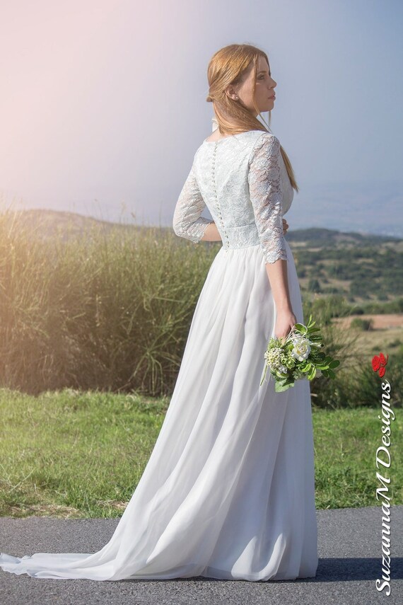 Chantal Long Chiffon Encaje Vestido de novia Vestido de los | Etsy México