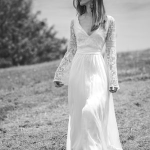 Mirella Boho Wedding Dress Ivory Lace Vintage Wedding Bohemian Gown, Gypsy Boho V Neclayn Wedding Dresses Long Chiffon Lace Wedding Dresses image 9