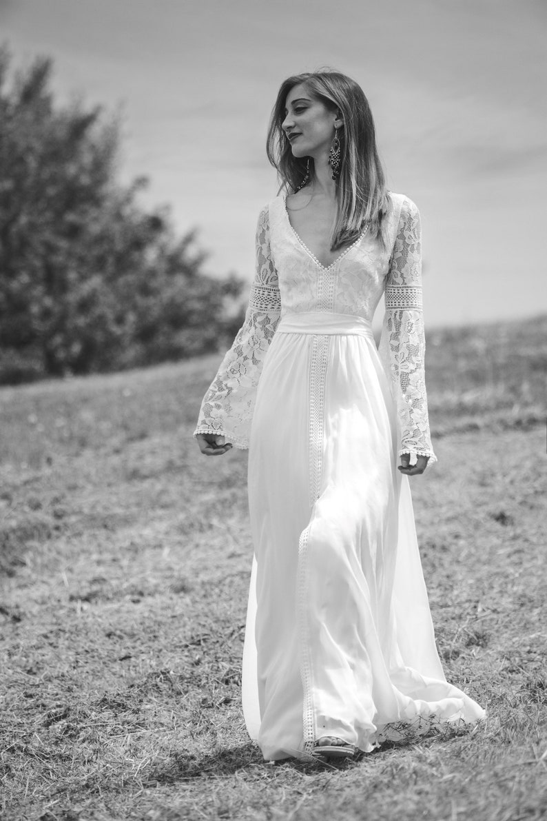 Mirella Boho Wedding Dress Ivory Lace Vintage Wedding Bohemian Gown, Gypsy Boho V Neclayn Wedding Dresses Long Chiffon Lace Wedding Dresses image 9