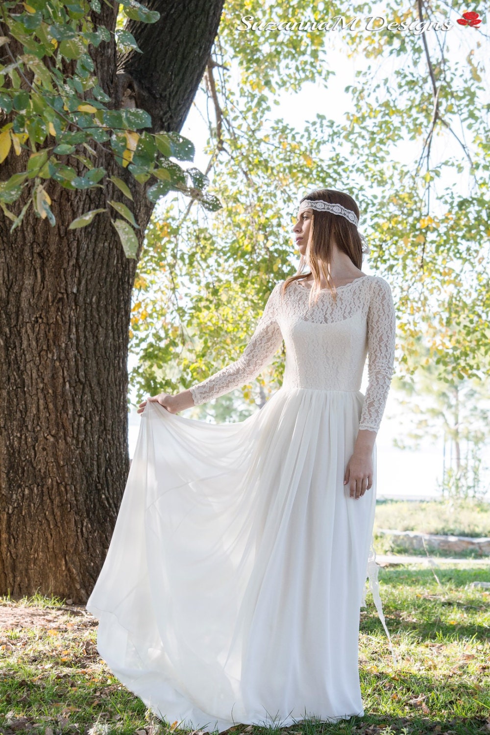 CLEMENCE Handmade Bohemian Wedding Dress, Long Ivory Bridal Gown Dress ...