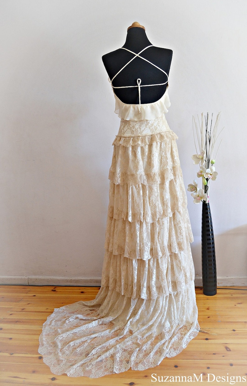 Boho Cream Lace Long Train Wedding Dress, Lace Soft Bohemian Bridal Dress, Open Back Bohemian Gown, Gypsy Wedding Handmade Clothing Dress image 1