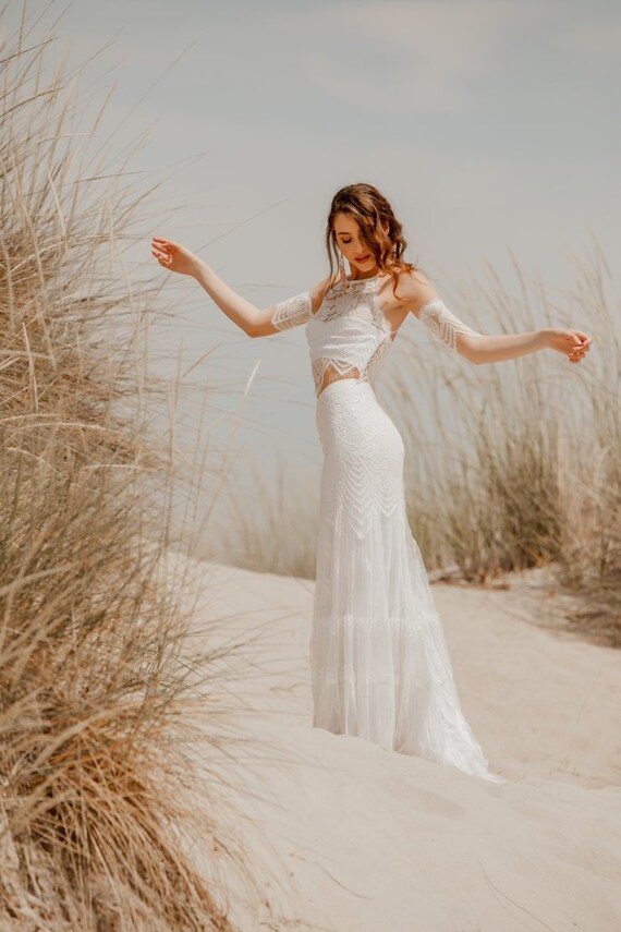 NEREZZA Gypsy Two Piece Wedding Dress Skirt Top 2 Piece Bohemian