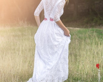 Boho White Lace Wedding Dress Bohemian For Brides, Simple White Long Wedding Dress, 3/4 Sleeve Bridal Dress Long, Vintage Style Boho Wedding