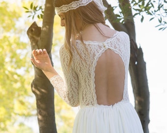 CLEMENCE Handmade Bohemian Wedding Dress, Long Ivory Bridal Gown Dress, Lace and Chiffon Wedding Gown, Long Sleeve Wedding Dress by SuzannaM