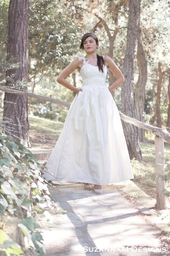 Silk Dupioni Lace Long Ivory Wedding Dress Romantic Bridal Etsy