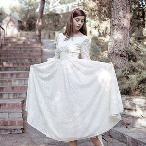 Cream Ivory 50s Wedding Dress, Full Skirt Bridal Dress Original 50s Style Bridal Dress, Lace Tea Length Dress Circle Skirt Wedding Dresses image 6