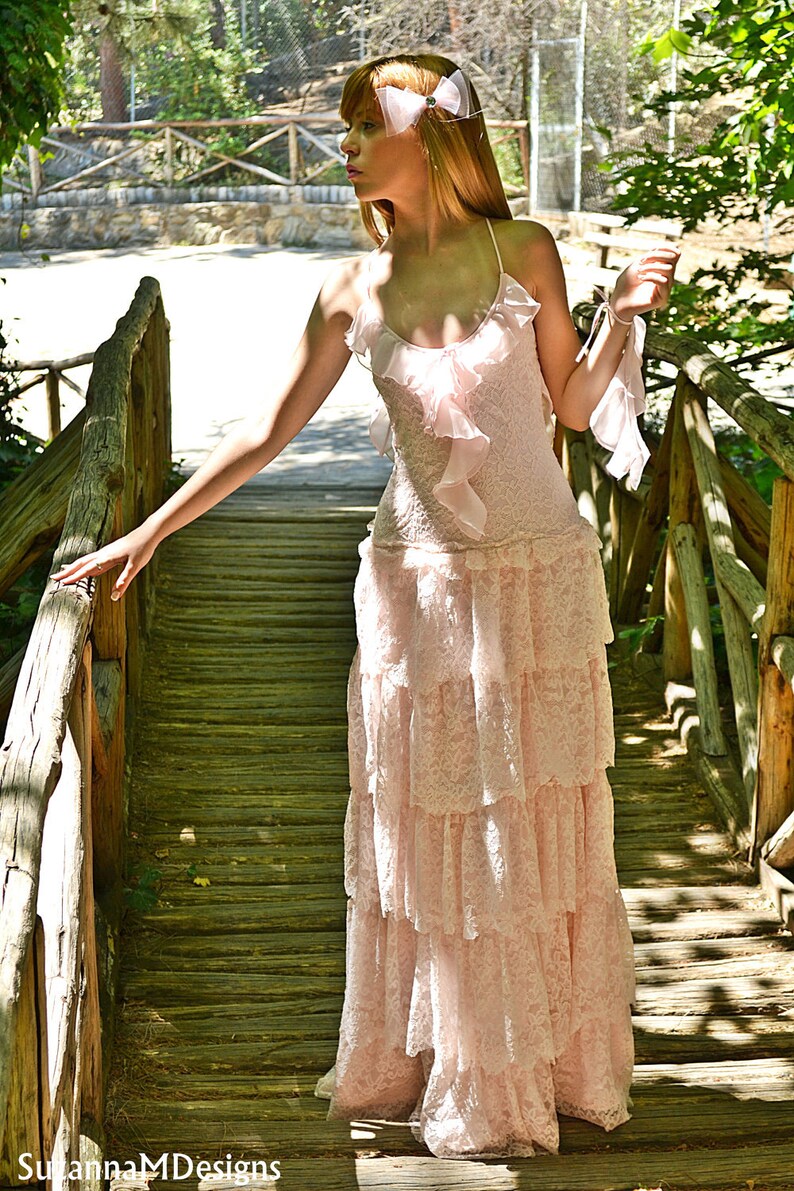 Blush Pink Lace Bohemian Wedding Dress Bridal Wedding Gown Etsy