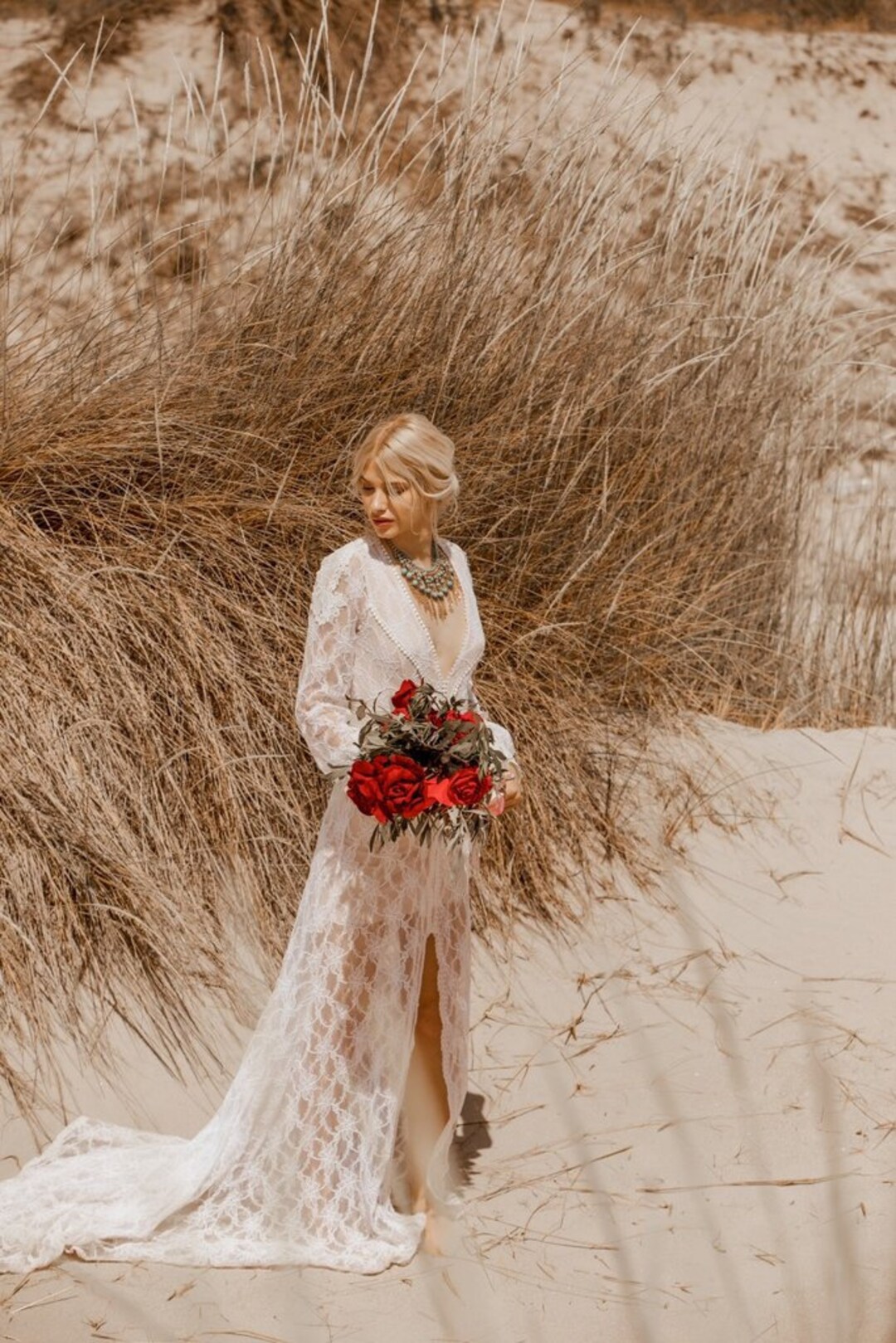 MADALENA V-neck Lace Wedding Dress Bohemian Long Sleeve Wedding Deresses,  Beach Boho Wedding Dresses Long Train, Sexy Wedding Mermaid Gown -   Australia