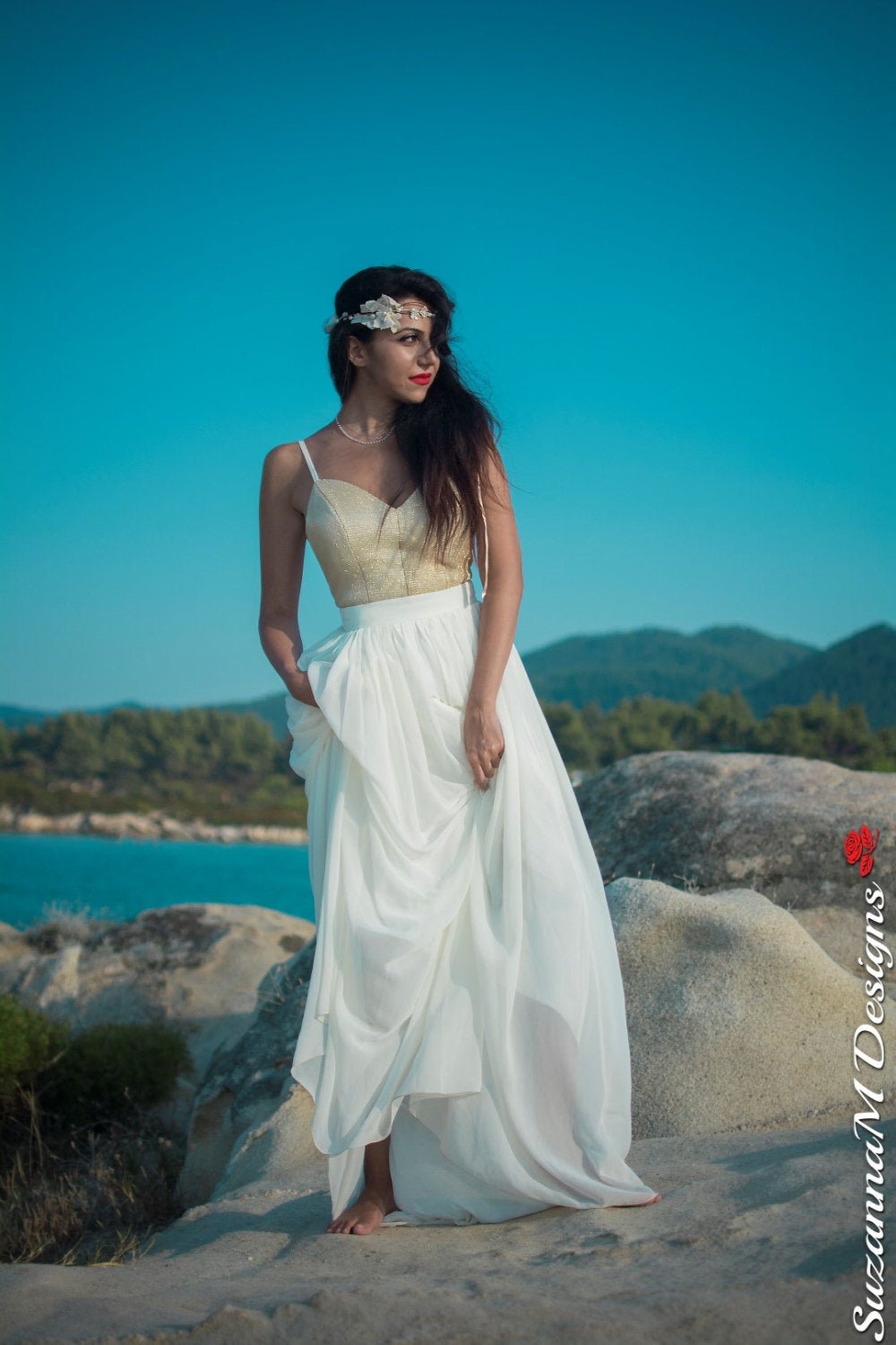 Gold Ivory Wedding Dress for Bride Beach Wedding Long - Etsy