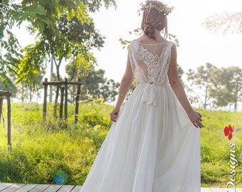 ALBA Bohemian Beach Lace Chiffon Wedding Dress For Boho Wedding, Bohemian Wedding Gown, Boho Bridal Dress, Handmade Wedding Ivory Lace Dress