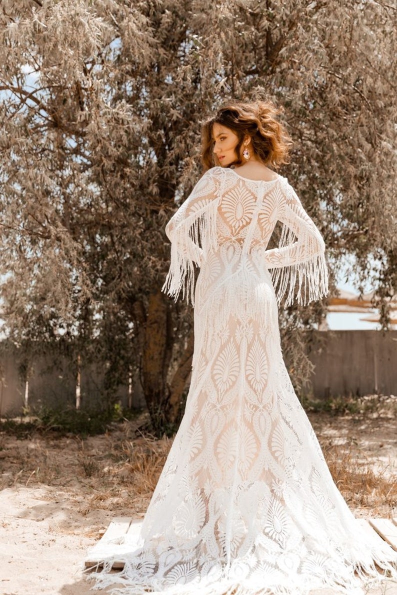 REA Fringe lace Wedding Dress Bohemian Unique Off White Bridal Deress Beach Boho Wedding Dresses Long Alternative Wedding Brides Gown Boho image 5