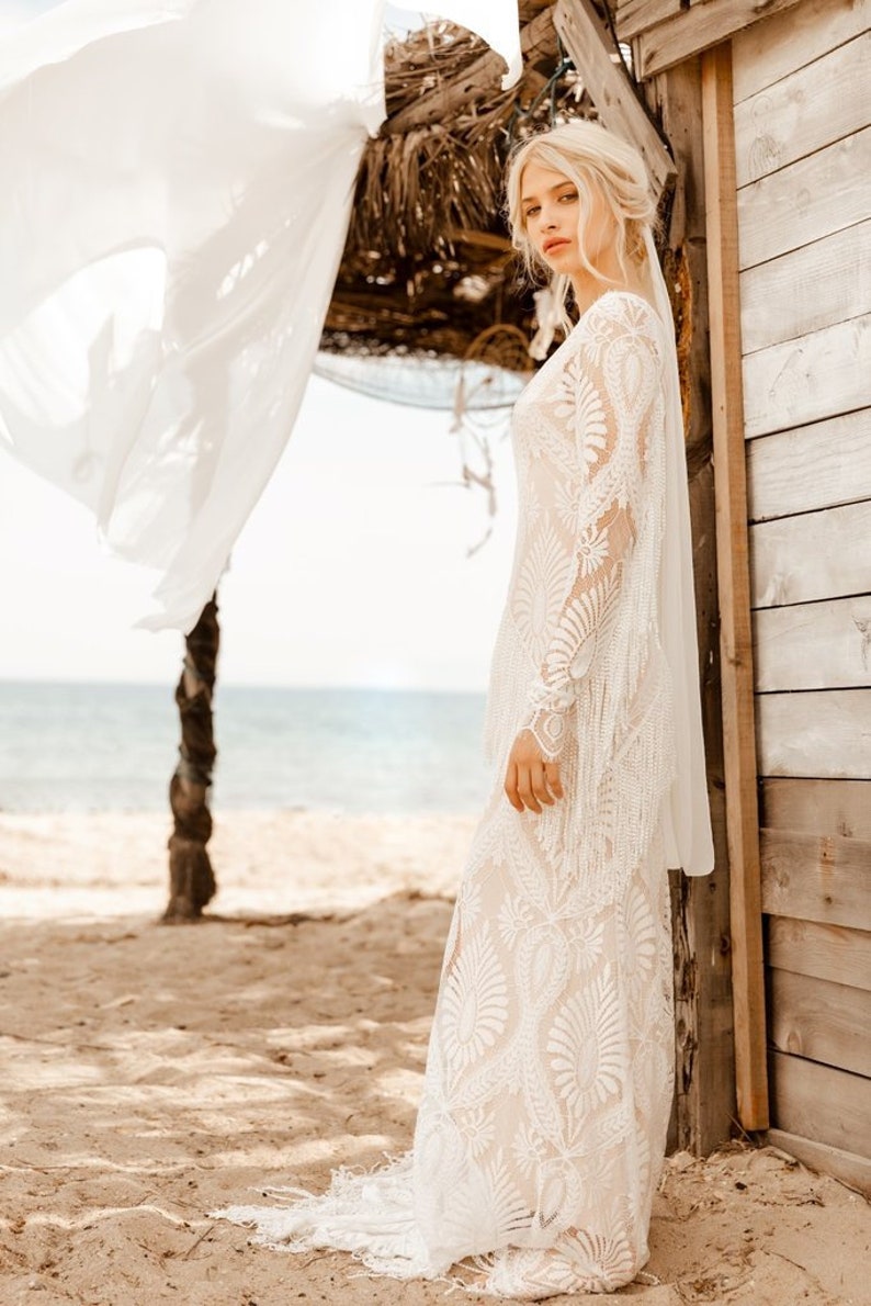 REA Fringe lace Wedding Dress Bohemian Unique Off White Bridal Deress Beach Boho Wedding Dresses Long Alternative Wedding Brides Gown Boho image 7