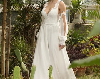 EMILY Bridal Dress Lace And Chiffon Boho Long Sleeve Soft Ivory Illusion Farm Elegant Flowy Boho Bridal Gown V-neck A-line Wedding Dreses