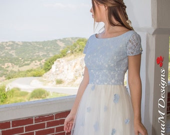 cotton Lace Long Wedding Dress For Brides 50s Wedding Gown Blue Bridal Dress, Blue Lace Dress Tulle Long Bidal Dress Handmade Gown Agnese
