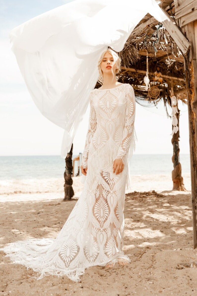 REA Fringe lace Wedding Dress Bohemian Unique Off White Bridal Deress Beach Boho Wedding Dresses Long Alternative Wedding Brides Gown Boho image 8