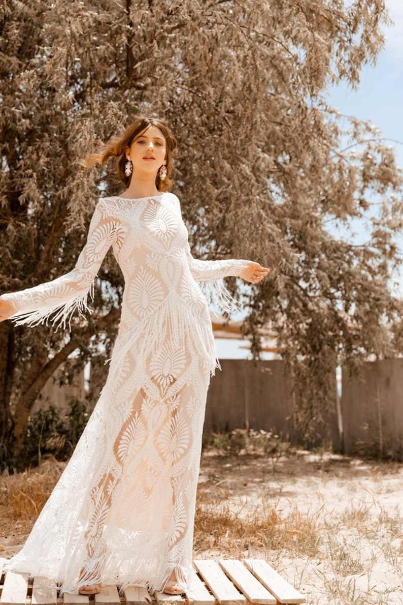 REA Fringe lace Wedding Dress Bohemian Unique Off White Bridal Deress Beach Boho Wedding Dresses Long Alternative Wedding Brides Gown Boho image 3