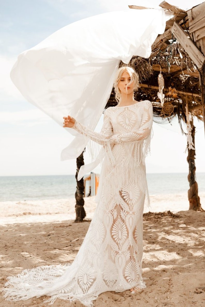 REA Fringe lace Wedding Dress Bohemian Unique Off White Bridal Deress Beach Boho Wedding Dresses Long Alternative Wedding Brides Gown Boho image 9