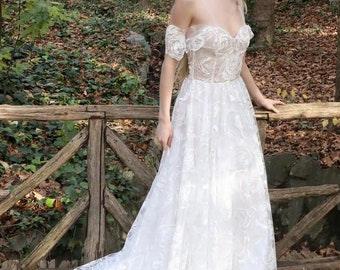 ELIN Handmade Off White Off ShoulderClassic Refined Design Wedding dress Long Skirt ALine Tulle Lace Princess Sleeveless Bride Wedding Dress