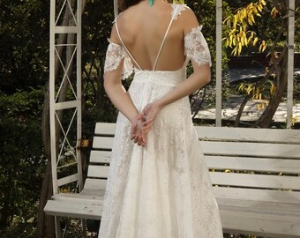 ATHENA Boho Leaf Patern Lace Spaghetti Strap with Removable Arm Cuff Sleeves Open Back Low Back Illusion A Line V-neck Wedding Bridal Dress