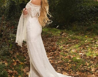 APHRODITE French Lace Bohemian Open Shulder Back Beach Boho Wedding Dresses Long, Alternative Mermaid  Gypsy Hippie Bridal DressGown Bridal