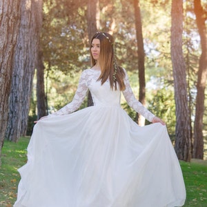 Bridal Dress Long Lace Bohemian Wedding Dress SuzannaM Designs, Lace Long Wedding Bridal Gown, Ivory Chiffon Long Sleeve Wedding Dress Agape