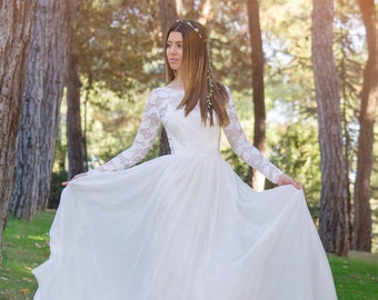 Bridal Dress Long Lace Bohemian Wedding Dress SuzannaM Designs, Lace Long Wedding Bridal Gown, Ivory Chiffon Long Sleeve Wedding Dress Agape