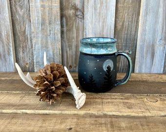 Midnight Moon Mug, Forest Silhouette Ceramic Mug, Handmade Celestial Coffee Cup