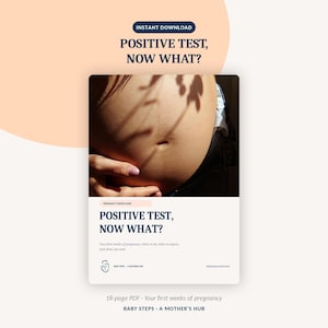 May include: An 18-page PDF pregnancy starter guide titled POSITIVE TEST, NOW WHAT? featuring a photograph of a bare pregnant belly with leaf shadows, text about the first weeks of pregnancy, and the Baby Steps A Mother's Hub logo.