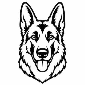 May include: A high-contrast black and white graphic illustration of a German Shepherd dog head. The design features bold black lines outlining the facial features, pointed ears, and a tongue hanging out, set against a solid white background.