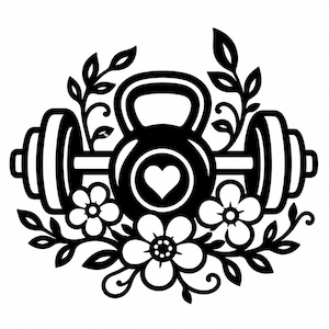 Op de afbeelding: Een zwart-witte grafische illustratie met een centrale kettlebell met een hartvormige uitsparing in het midden, geflankeerd door een halter aan weerszijden, omringd door decoratieve florale elementen, bladeren en ranken in een patroon.