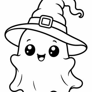 May include: A black and white line art illustration of a small ghost with large circular eyes and a wide smiling mouth. The ghost is wearing a tall, pointed witch hat that features a wide brim and a square buckle detail on the hat band.