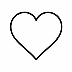 May include: A simple, symmetrical heart shape rendered as a clean, bold black outline against a plain white background. The graphic features a continuous, uniform black line forming the classic heart symbol with a pointed bottom and two rounded lobes.
