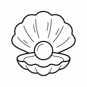 May include: A black and white line art illustration of an open clam shell with a single round pearl centered inside. The shell features a scalloped edge and simple vertical lines indicating texture, presented as a clean, bold graphic icon.