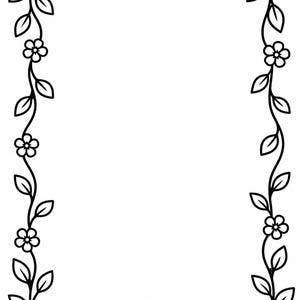 May include: A rectangular border design featuring a continuous black line drawing of vines, leaves, and five-petaled flowers. The floral pattern frames a large, empty white center space, creating a clean, symmetrical, and decorative graphic element.