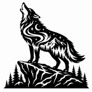 May include: A black and white graphic illustration of a wolf howling at the moon. The wolf's body contains a negative space design featuring a crescent moon, stars, mountain peaks, and a dense forest of pine trees standing on a rocky cliff.