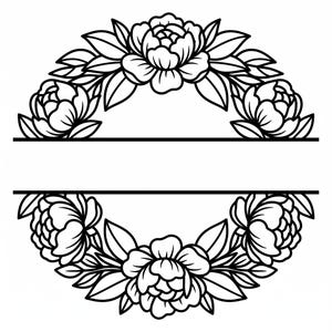 Op de afbeelding: Een zwart-wit lijntekening met een cirkelvormige bloemenkrans bestaande uit bloeiende pioenrozen en bladeren, horizontaal in het midden gespleten door een lege rechthoekige balk voor aangepaste tekst op een witte achtergrond.