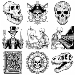 May include: A collection of nine black and white illustrations featuring a primate skull, a pirate skull with swords, a dragon-patterned skull, a skeleton in a tuxedo with cutlery, a skeleton painting, a skeleton playing piano, a book titled SKELETAL COMPENDIUM, a skull clock, and a dinosaur skull.