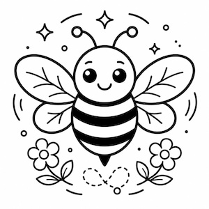 Puede incluir: Una ilustración de arte lineal en blanco y negro de una abeja sonriente con ojos grandes, cuerpo a rayas y alas. La abeja está rodeada de flores de cuatro pétalos, pequeñas estrellas y un símbolo de infinito discontinuo en estilo gráfico.