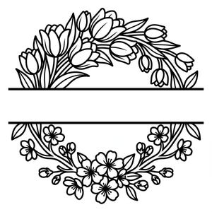 Puede incluir: Un gráfico de arte lineal en blanco y negro que presenta un arreglo floral circular dividido por una franja horizontal vacía. La sección superior muestra un grupo de tulipanes y hojas, mientras que la inferior muestra pequeñas flores de cinco pétalos.