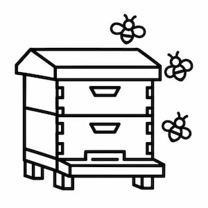 Pode incluir: Uma ilustração de arte linear em preto e branco de uma colmeia de madeira com telhado de duas águas, dois corpos retangulares empilhados e uma tábua de aterragem, acompanhada por três abelhas estilizadas a voar no lado direito.
