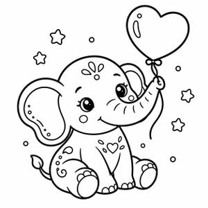 May include: A black and white line art illustration of a seated baby elephant with large ears and decorative markings on its forehead and chest. The elephant holds a heart-shaped balloon with its trunk, surrounded by several small stars and circles.