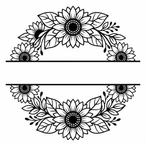 Könnte beinhalten: Ein kreisförmiges schwarz-weißes Grafikdesign mit einem geteilten Kranz aus Sonnenblumen und Blättern. Das Design ist horizontal durch zwei parallele Linien geteilt, wodurch ein zentraler leerer Raum für individuellen Text entsteht.